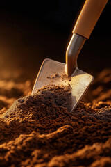 Shovel digging into rich soil during late afternoon light with warm golden hues