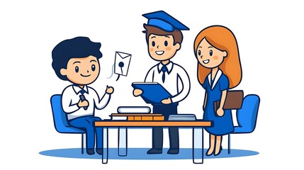 Fototapeta premium Cheerful Cartoon Illustration: Students Discussing Graduation Documents AI Generated