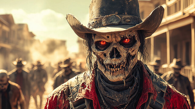 A zombie apocalypse in a wild west town. The undead are dressed in dusty cowboy hats and old western gear, with torn clothes and empty eyes.  