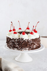 Black forest cake, Schwarzwald pie on a white table. Cake with dark chocolate, whipped cream and cherry. Vegan dessert. Vertical orientation.