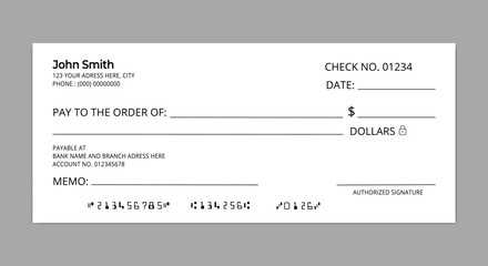 Bank check, vector blank money cheque. Financial transaction check design, Money payment bank check voucher or pay cash cheque certificate, Bank account bill pay check.