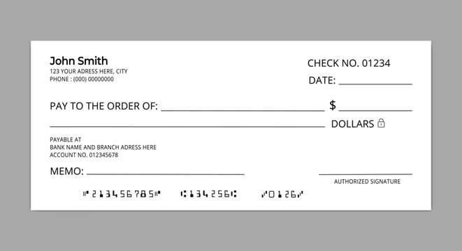 Bank check, vector blank money cheque. Financial transaction check design, Money payment bank check voucher or pay cash cheque certificate, Bank account bill pay check.