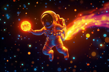Fototapeta premium An astronaut in space, touching an orb