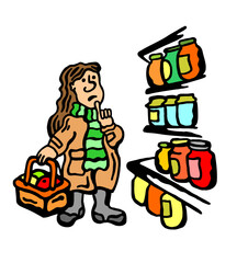 Color vector image of a girl in a store choosing goods on a white isolated background