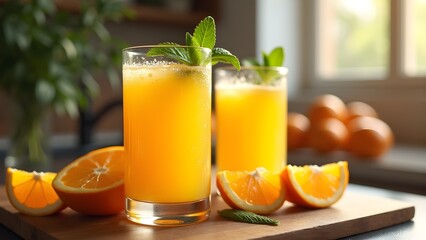 Fototapeta premium Fresh orange juice with mint garnish, healthy drink on kitchen counter, close-up, still life