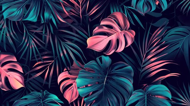 A tropical leaf pattern with teal and salmon colors in a dark background. Concept of: Exotic contrast.