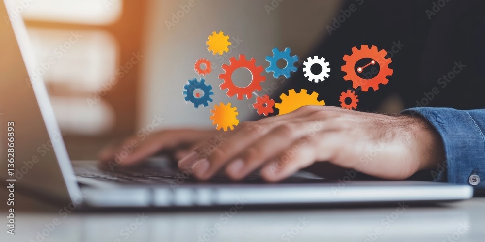 Poster Adaptive Digital Workflow Innovative Tech Integration with Colorful Process Gears Symbolizing Business Agility, Strategic Operational Optimization, and Collaborative Intelligence