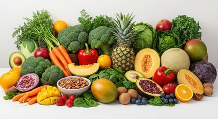 Healthy food fresh fruits and vegetables with spices and herbs in a bowl