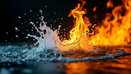 Dramatic image of water splashing against intense flames symbolizing conflict and contrast between elements. concept as Dramatic image of water splashing against intense flames symbolizing conflict an