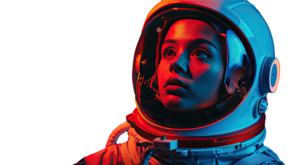 Astronaut's Gaze: A determined astronaut, illuminated by vibrant hues of red and blue, gazes upwards, a symbol of human ambition and exploration against the vastness of space.