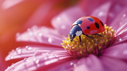 Ladybug on vibrant pink flower macro photography garden close-up nature beauty