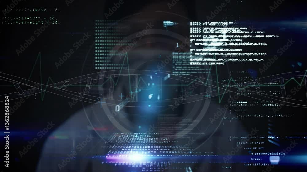Poster digital data and heartbeat graph animation over futuristic technology interface