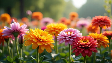 Flat Beautiful variety of blooming flowers in garden showcasing botanical diversity and natural beauty as background concept. concept as Beautiful variety of blooming flowers in garden showcasing bota