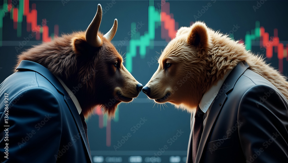 Poster bull vs bear in suits: a generative ai illustration of stock market trends with empty space for cust