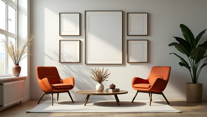 Cozy and Stylish Living Room Decor: Chairs, Picture Frames, and Flower Vases for a Beautiful Home Environment - Stock Photo Concept with Empty Space on the Left Side