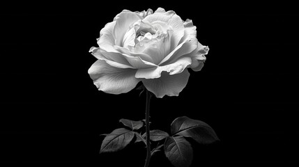 Elegant monochrome rose portrait with delicate petals against a stark black background evoking timeless beauty and floral grace