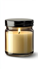 Glowing Candle in Glass Jar with Black Lid on White Background Creates a Warm and Inviting Ambiance