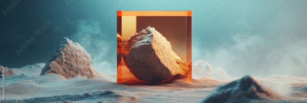 Poster surreal geometric landscape minimalist stone portal with ethereal misty terrain - digital art explor