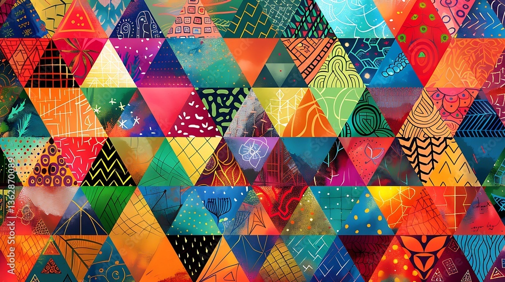 Poster a vibrant background with an array of colorful triangles, each filled with different patterns and te