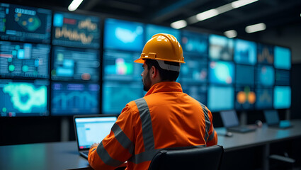 Safety and Technology: Worker in Orange Vest Monitors Control Room