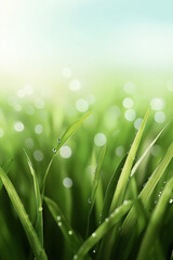 Fototapeta premium Dew-kissed grass blades shimmer in soft morning light across a tranquil landscape