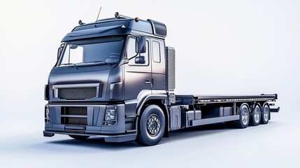 Sleek dark-grey flatbed truck on white background