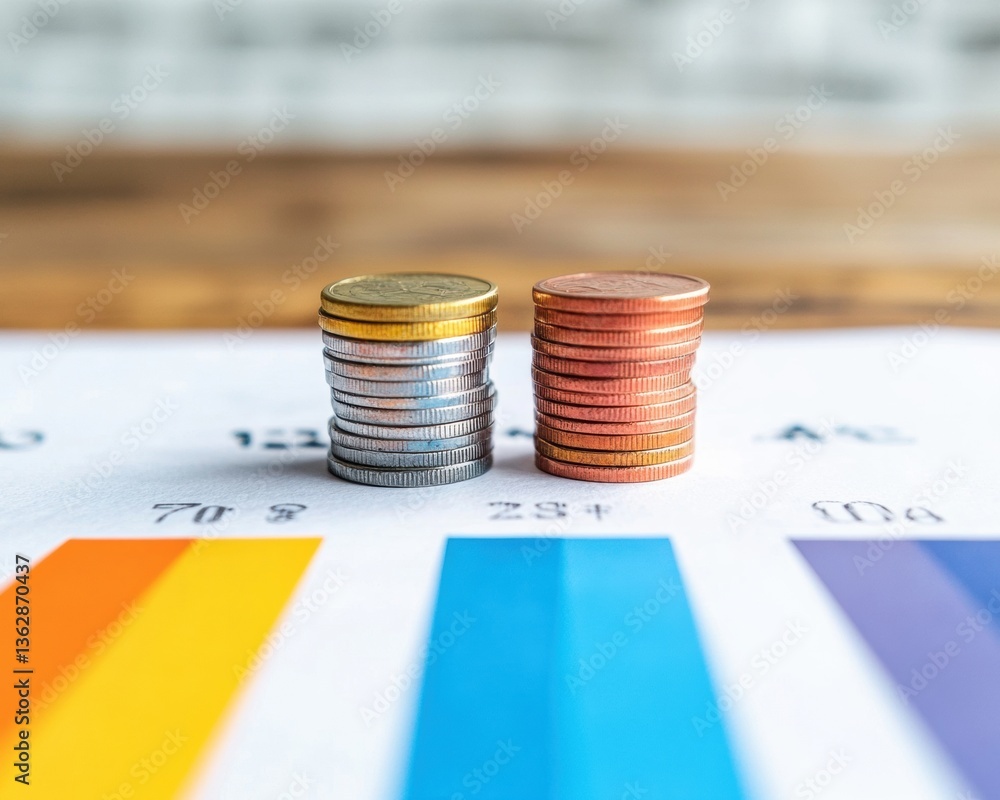Poster Minimalist Financial Growth Visualization Metallic Coin Stacks on Dynamic Investment Chart - Next-Gen Wealth Analytics for Digital Entrepreneurs and Smart Capital Strategy