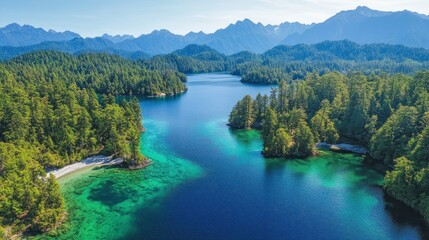 Serene lake nestled amidst lush forests and towering mountains.  Emerald-green waters meet pristine beaches, framed by dense pine trees and rocky outcrops, against a backdrop of majestic peaks