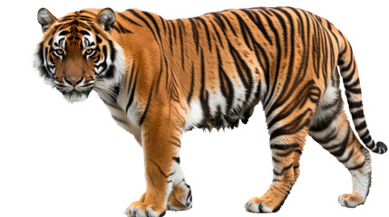 Obraz premium Tiger in the Wilderness: A majestic tiger stands in full view, its vibrant orange and black stripes gleaming in a stunning close-up perspective.