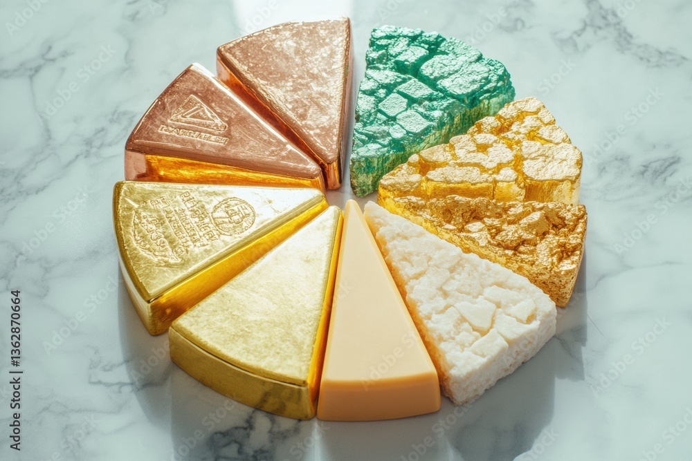Poster Fractional Investment Spectrum Metallic Textured Portfolio Pie Chart Visualizing Dynamic Asset Allocation Strategies for Modern Wealth Diversification