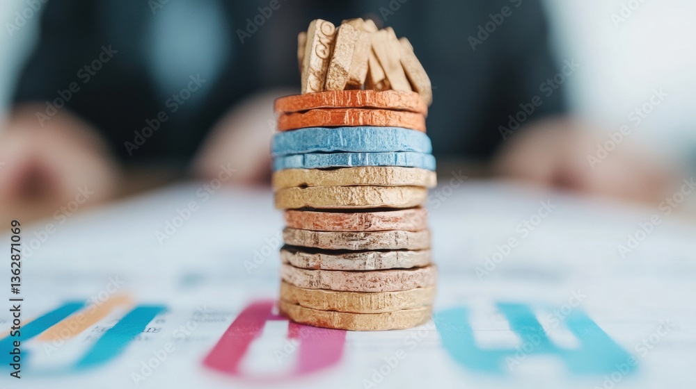 Poster Strategic Financial Diversification Minimalist Risk Management Visualization with Stacked Textural Coins Demonstrating Balanced Investment Allocation for Modern Wealth Planning