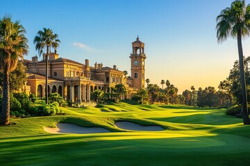 Fototapeta premium Scenic Golf Course Grand Building, Palm Trees, Golden Hour Lighting, Blue Sky View