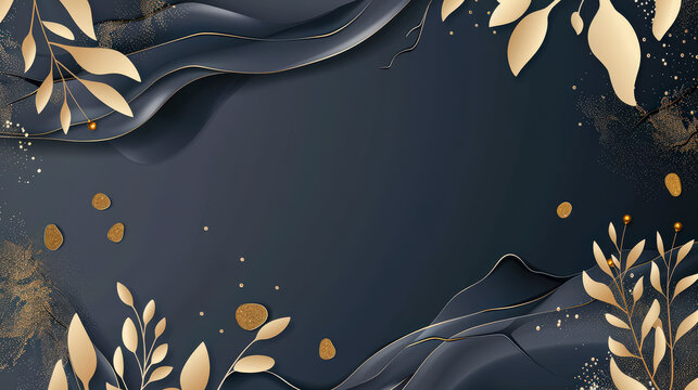 Black background with gold leafy designs and gold glitter. The gold leafy designs are scattered throughout the background, creating a sense of movement and depth