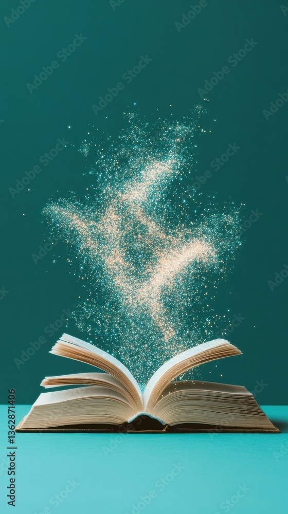 Fototapete immersive digital storytelling magical open book narrative transformation with glowing particle dyna