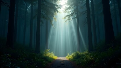 Naklejka premium Sunbeams Through Trees in Forest: A Tranquil Pathway Through Nature's Serene Beauty