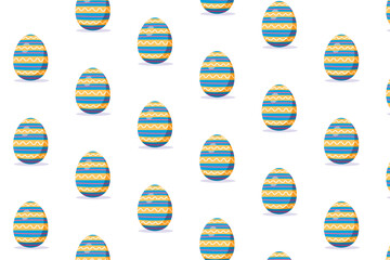 Seamless pattern of Easter eggs with horizontal blue and yellow stripes on white background. Ideal for cards, packaging, and festive decorations.
