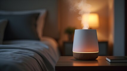 Aroma diffuser emits fragrant mist for a relaxing night in the bedroom, promoting wellness