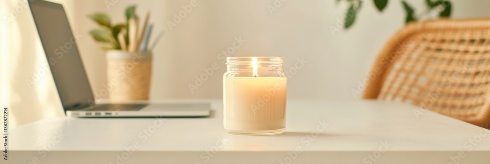 Poster mindful workspace serenity minimalist home office design with soft illumination - wellness-focused p
