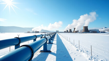 Vibrant Industrial Pipelines in Snowy Landscape with Geothermal Steam: Modern Infrastructure Concept