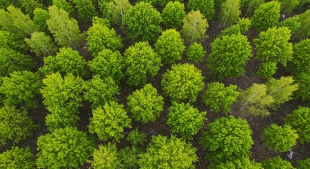 Fototapeta premium Aerial View of Lush Green Forest Canopy: A Bird's Eye Perspective of Springtime Foliage