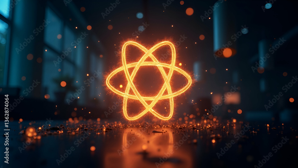 Poster glowing atomic symbol with swirling light particles in dark science lab: energy technology and quant