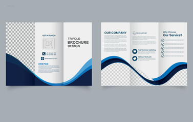 Trifold brochure with blue waves. Vector illustration. Trifold Print Ready Brochure Template. Editable image. Vector img.