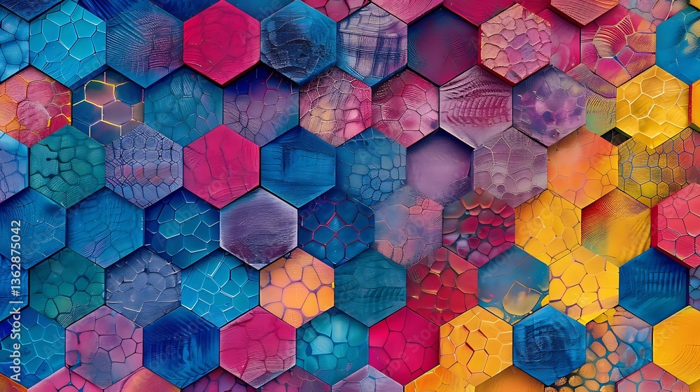 Poster a vibrant pattern of tessellating hexagons in bright, saturated colors, each hexagon containing a un