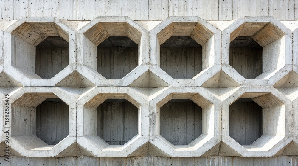 Poster Hexagonal patterns in a concrete wall create a mesmerizing visual effect, highlighting modern architectural design against a clear blue sky in an urban setting