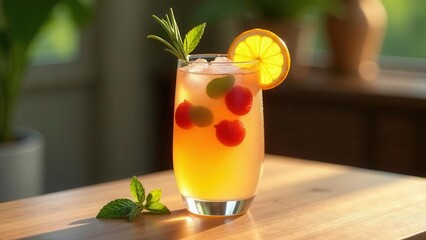 Fototapeta premium Refreshing Summer Citrus Beverage with Berries and Herbs on Wooden Table