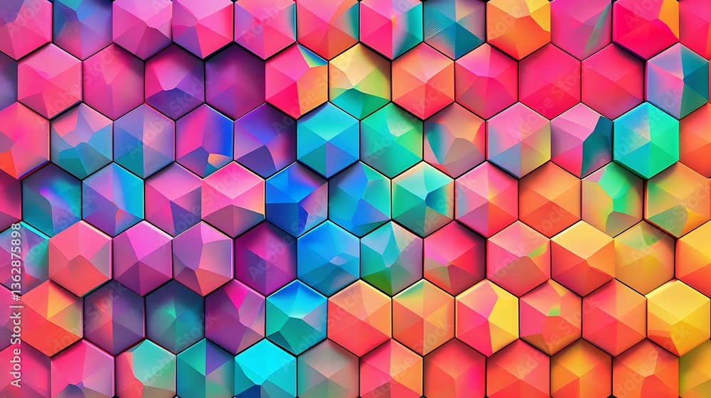 Aufkleber a vibrant pattern of tessellating hexagons in bright, saturated colors, each hexagon containing a un