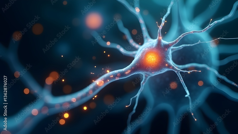 Poster illustration of a neuron cell with orange synapses firing in a neural network, a 3d rendered image.