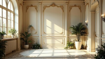 Sunlit Elegance A Room with Ornate Walls, Potted Plants, and Marble Floor