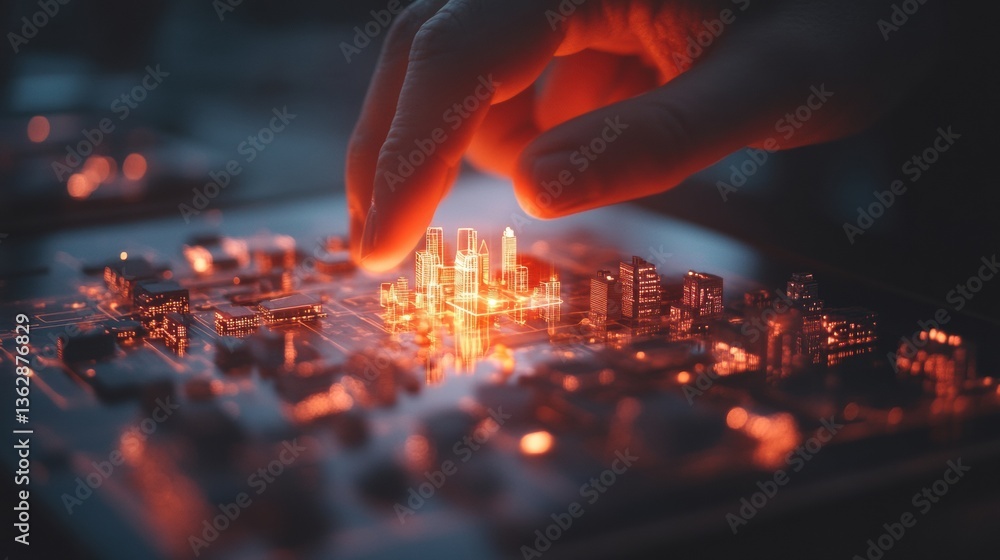 Poster Futuristic Urban Tech Ecosystem Immersive Digital Holographic City Planning with AI-Driven Microchip Visualization for Next-Gen Smart Infrastructure Innovation