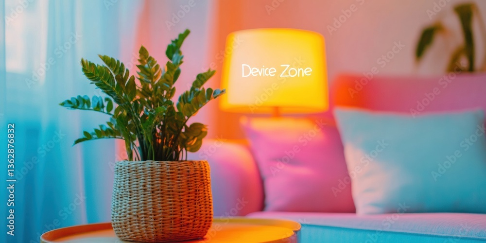 Poster Mindful Tech Sanctuary Vibrant Wellness Design with Soft Gradient Lamp and Boho Planter - Digital Detox Aesthetic for Millennial Lifestyle Content